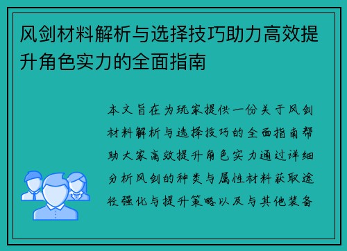 风剑材料解析与选择技巧助力高效提升角色实力的全面指南